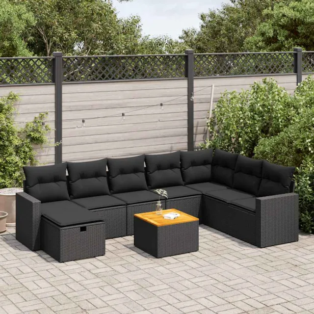 vidaXL 9-delige Loungeset met kussens poly rattan zwart, foto 2