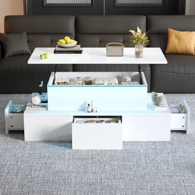 REDOM Salontafel - In Hoogte Verstelbaar - Met Ledverlichting En Opbergruimte - Modern - Voor Woonkamer - MDF - Wit - 100 X 50 X 40 Cm