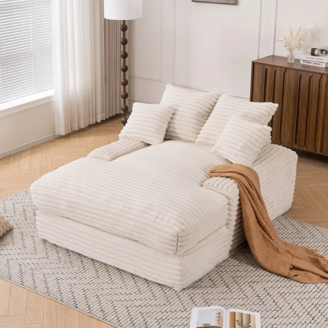 MODENUIT Chaise Longue 135 x 165 x 58 cm - Met 4 Afneembare Kussens - Voor Woonkamer - Ribstof Beige