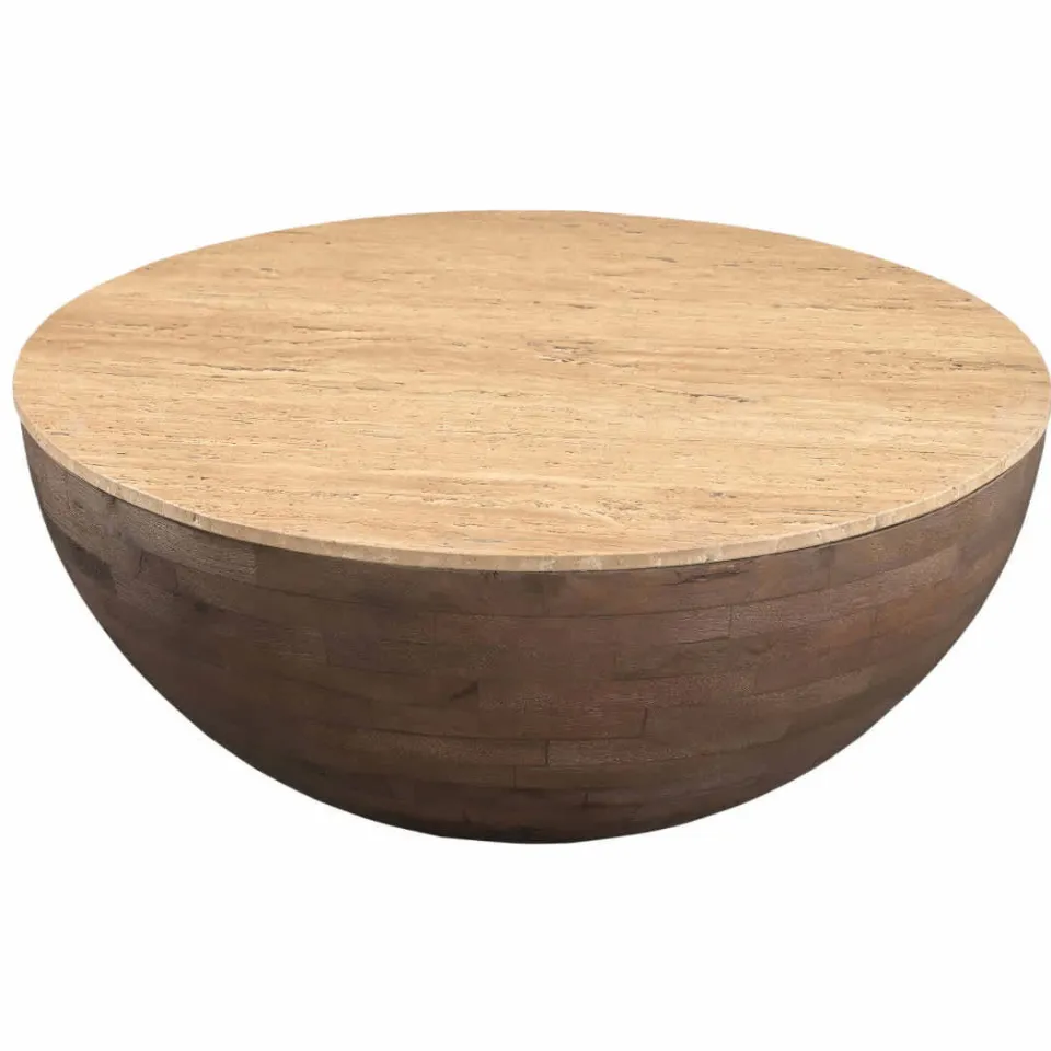 Giga Meubel Salontafel Aiden Rond - Travertin/Hout - Donkerbruin - 90x90x38cm, foto 5