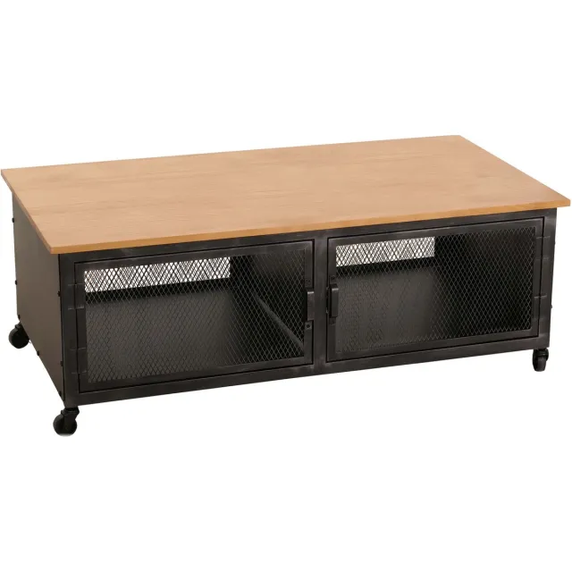 MCW Salontafel MCW-N28, sofatafel, wielen 2 vakken, 3D structuur industrieel retro metaal hout 45x120x60cm ~ zwart, naturel