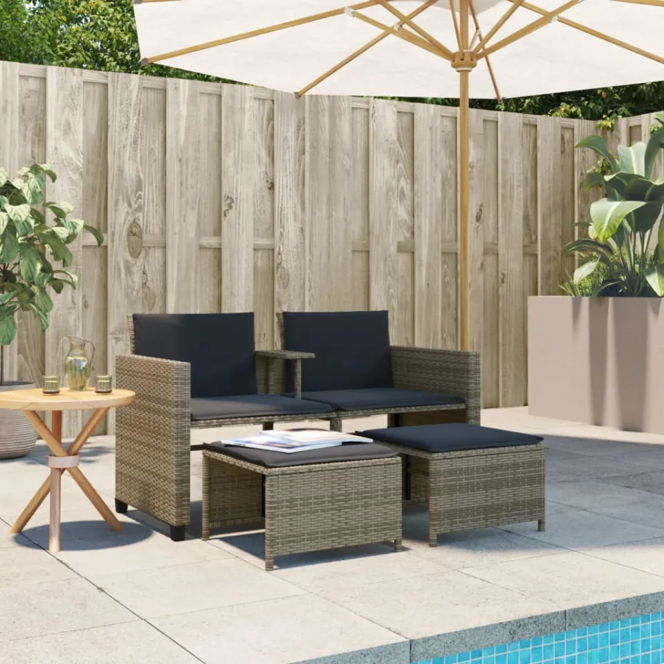 vidaXL Tuinbank 2-zits met tafel en voetenbanken poly rattan grijs, foto 2