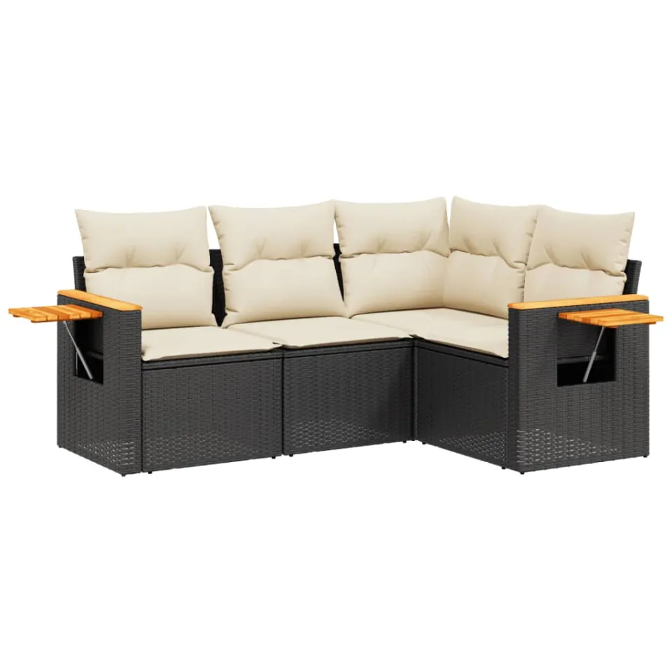vidaXL 4-delige Loungeset met kussens poly rattan zwart