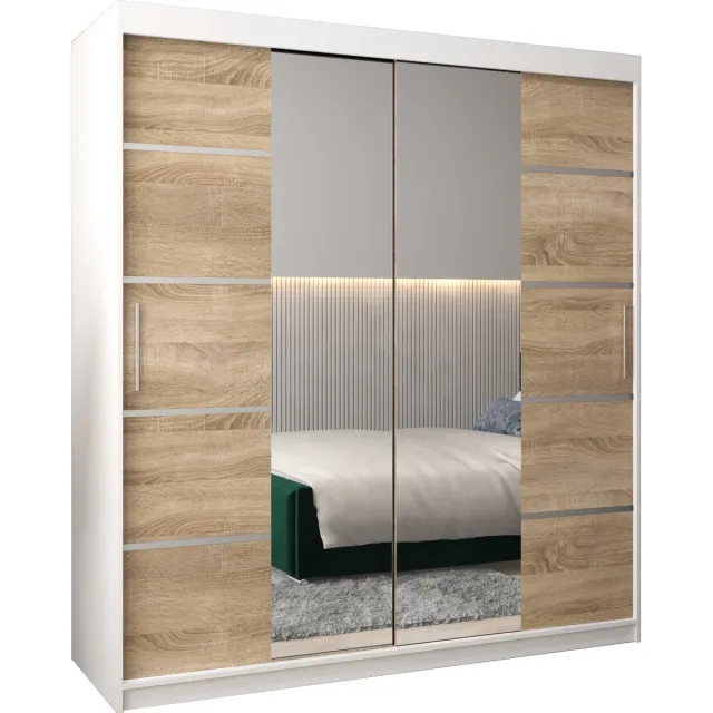 AJE Meubles B.V. InspireMe - Kledingkast met 2 schuifdeuren, Modern-stijl, Kledingkast met planken (BxHxD): 180x200x62 - VENTILA IV 180 Wit Mat + Sonoma Eik met 4 lades