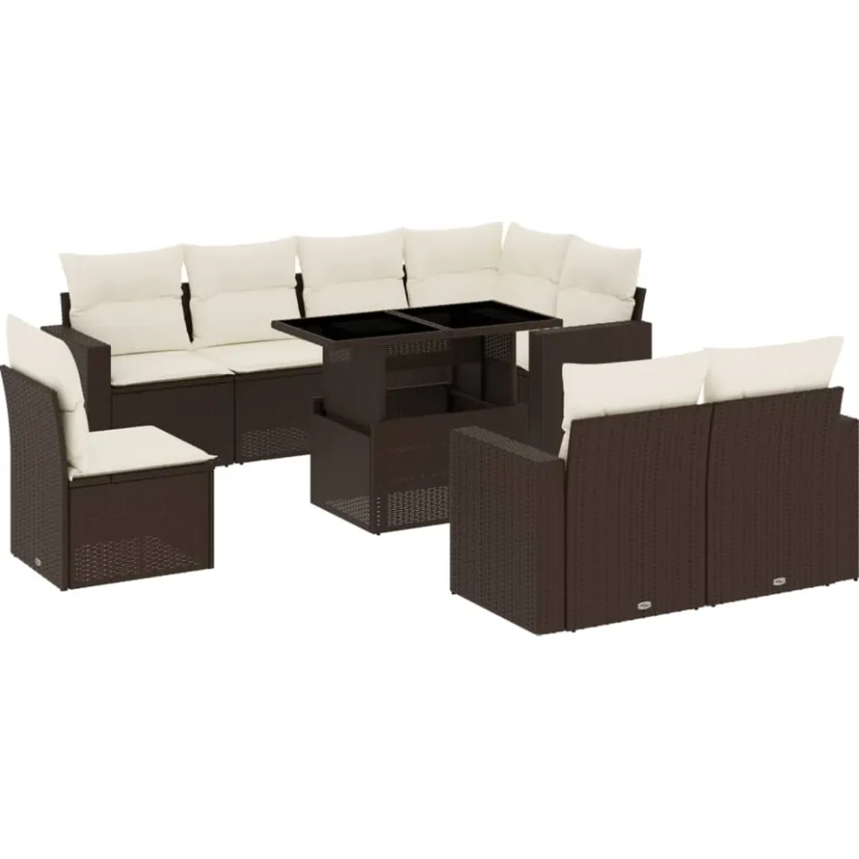 vidaXL 9-delige Loungeset met kussens poly rattan bruin