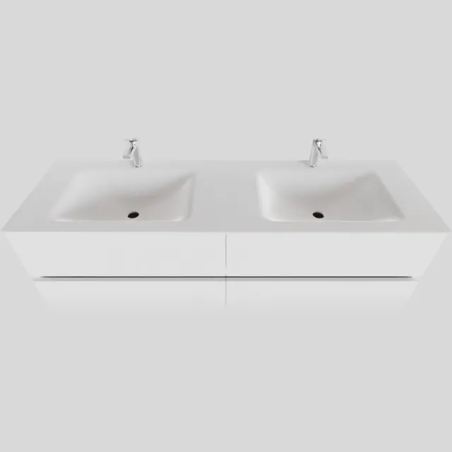 Boss & Wessing Badkamermeubel Solid Surface BWS Oslo 200x46 cm Mat Wit Wasbak Dubbel (2 kraangaten, 4 lades)