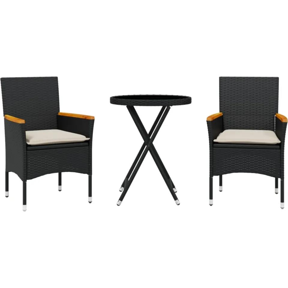 vidaXL 3-delige Bistroset met kussens poly rattan en glas zwart, foto 3