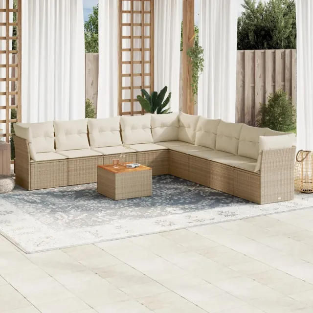 vidaXL 10-delige Loungeset met kussens poly rattan beige, foto 2