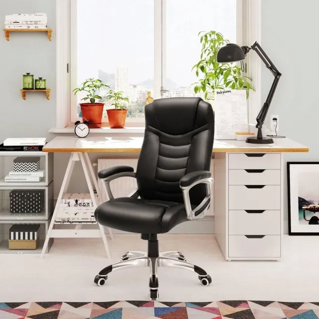 Bobbel Home Bureaustoel Ergonomisch – Verstelbare Zithoogte – PU Kunstleer – Met Hoge Rugleuning en Armleuningen Zwart