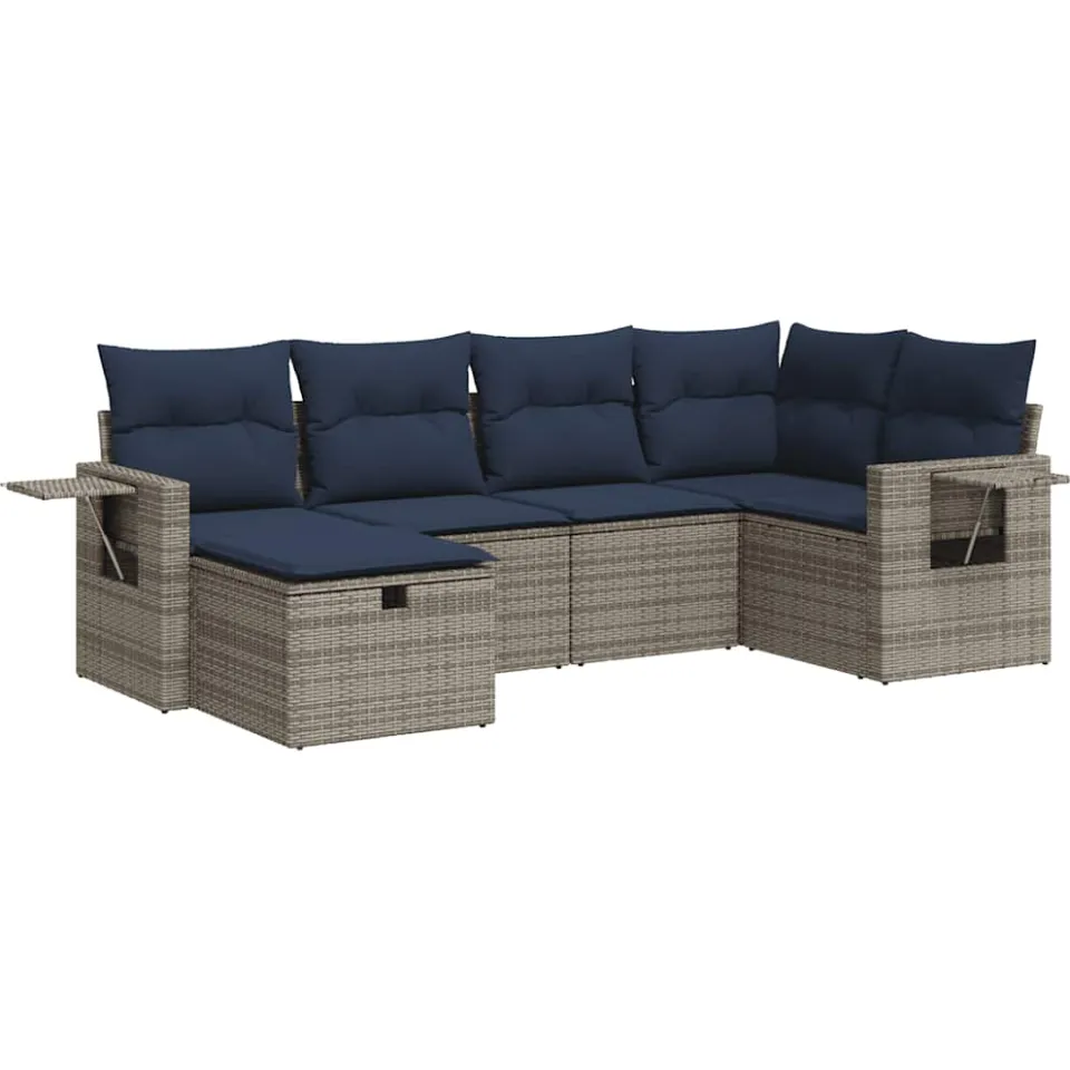 vidaXL 6-delige Loungeset met kussens poly rattan grijs, foto 3