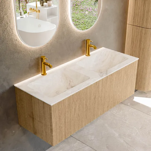 Mondiaz KURVE-DLUX 120 cm Onderkast Greeploos 1 Lade Zonder Deuren Oak, Wastafel Solid Surface Dubbel Frappe 2 Kraangaten Zonder Spiegel (KRVLEA1201L0D2KD-Oak/Fra)