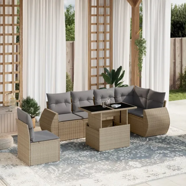 vidaXL 7-delige Loungeset met kussens poly rattan beige, foto 2