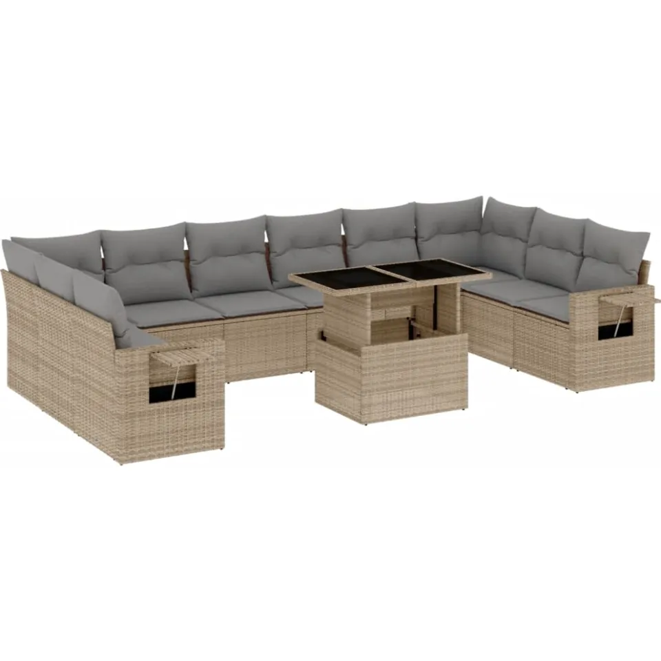 vidaXL 11-delige Tuinset met kussens poly rattan beige, foto 3