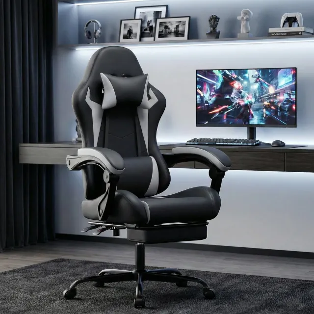 STILVORA Gamingstoel - Ergonomisch - Verstelbare Rugleuning Met Voetsteun - Voor Gamen En Werken - PVC Zwart Wit Zwart + Wit