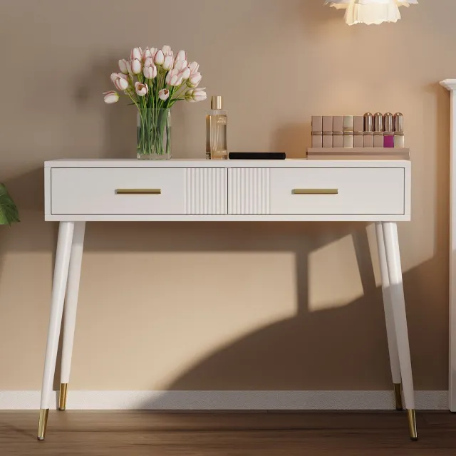 COVREO Kaptafel 100x40x76 cm - wit, 2 ruime lades, gouden handgrepen, metalen frame, zonder spiegel