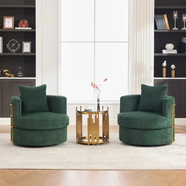 HAUSS SPOLE Fauteuil - Draaifauteuil Set Van 2 - 360 Graden Draaibaar Met Opbergruimte Onder Zitting - Voor Woonkamer En Slaapkamer - Cord Smaragdgroen Donkergroen