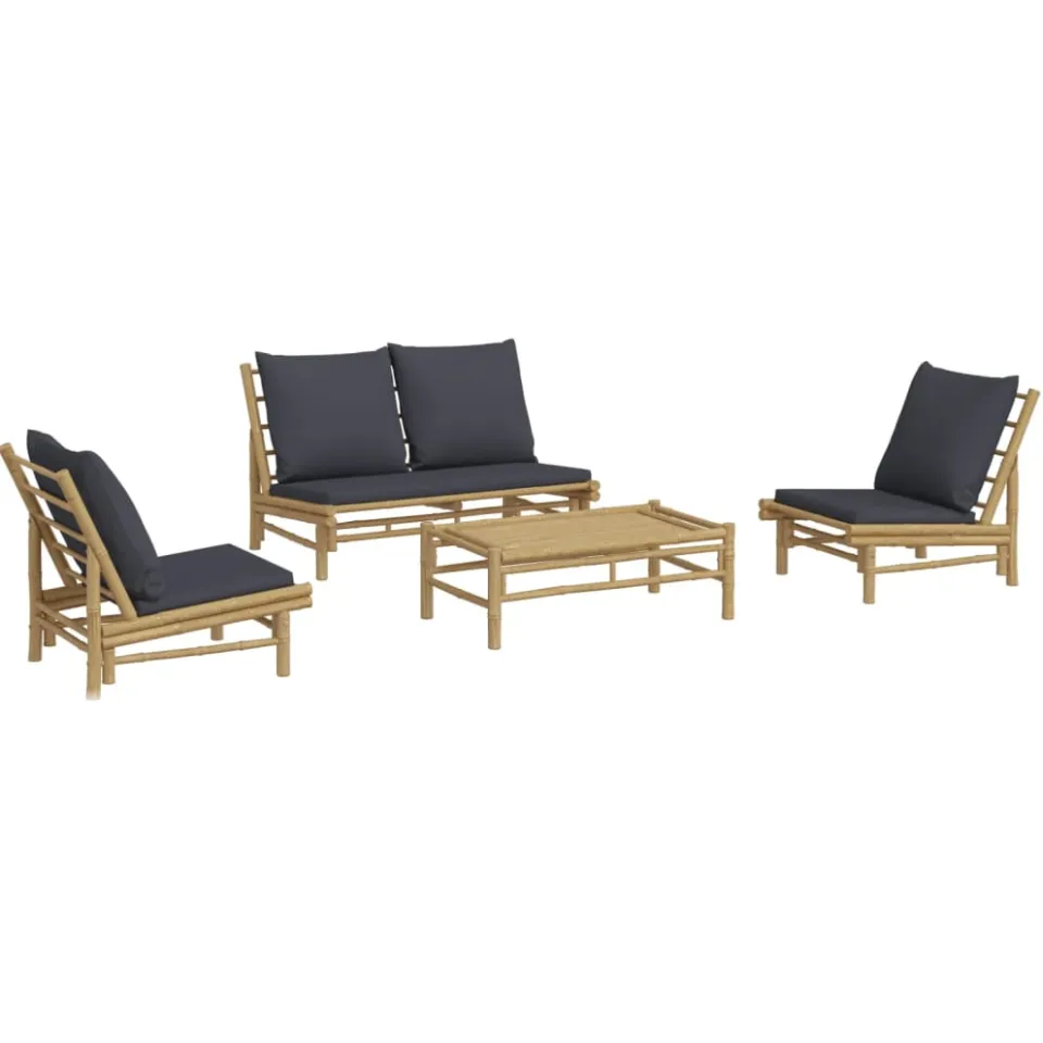 vidaXL 4-delige Loungeset met kussens bamboe donkergrijs Bruin