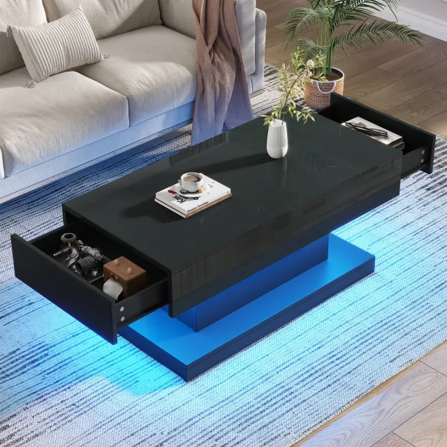 Clruro Salontafel - 100 x 50 x 45 cm - 2 Lades en LED Licht - Eenvoudig Ontwerp - Hout - Zwart