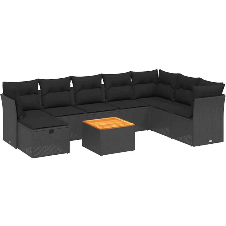 vidaXL 9-delige Loungeset met kussens poly rattan zwart, foto 3