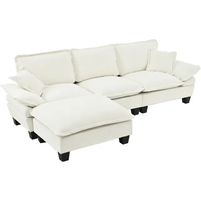 Merax Hoekbank 4-Zits - Modulaire L-Vormige Bank Met Ottoman - Chenille Beige Sofa Met Kussens - Comfortabele Hoekbank Voor Woonkamer Appartement