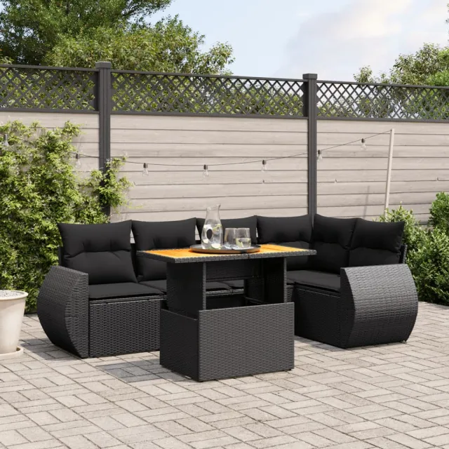 vidaXL 6-delige Loungeset met kussens poly rattan zwart, foto 2