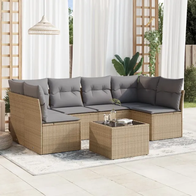 vidaXL 7-delige Loungeset met kussens poly rattan beige, foto 2