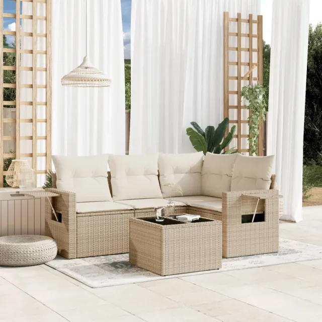 vidaXL 5-delige Loungeset met kussens poly rattan beige, foto 2