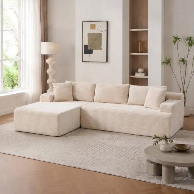 MEUNIQ Modulaire hoekbank 272 x 174 x 74,5 cm – 4 zitplaatsen met liggedeelte, chenille bekleding, antislipbodem voor woonkamer – Ivoor Ivory
