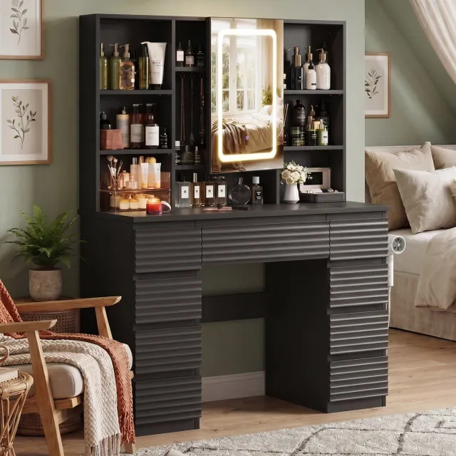 Devoko Kaptafel met Spiegel en LED Verlichting – 12 LED-Lichtpunten en 3 Lichtkleuren – 9 Laden met Geribbelde Fronten en Verborgen Spiegelopberging – 2 Stopcontacten, USB, USB-C en Föhnhouder – 108 × 40 × 146 cm – Zwart