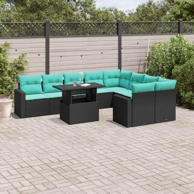 vidaXL 10-delige tuinbankset met kussens van zwart polyrotan, foto 2
