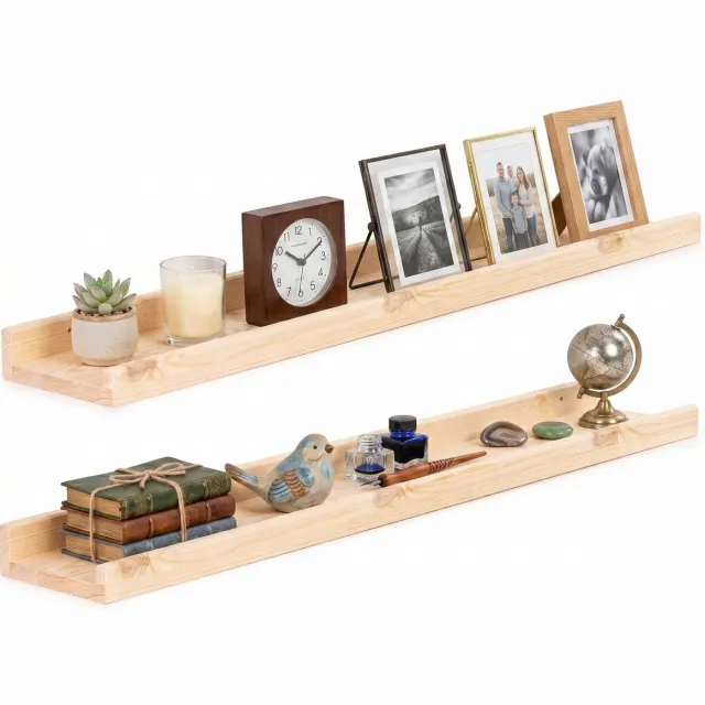springos Wandplank - Boekenplank - Ophangbaar - Kruidenplank- Naturel - Grenenhout - 10 Kg - 90 cm - 2 Stuks