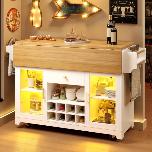 MODENUIT Servierwagen Uitklapbaar – 120 x 80 x 95 cm – MDF en Metaal – Wit – Met Wielen en RGB-ledverlichting