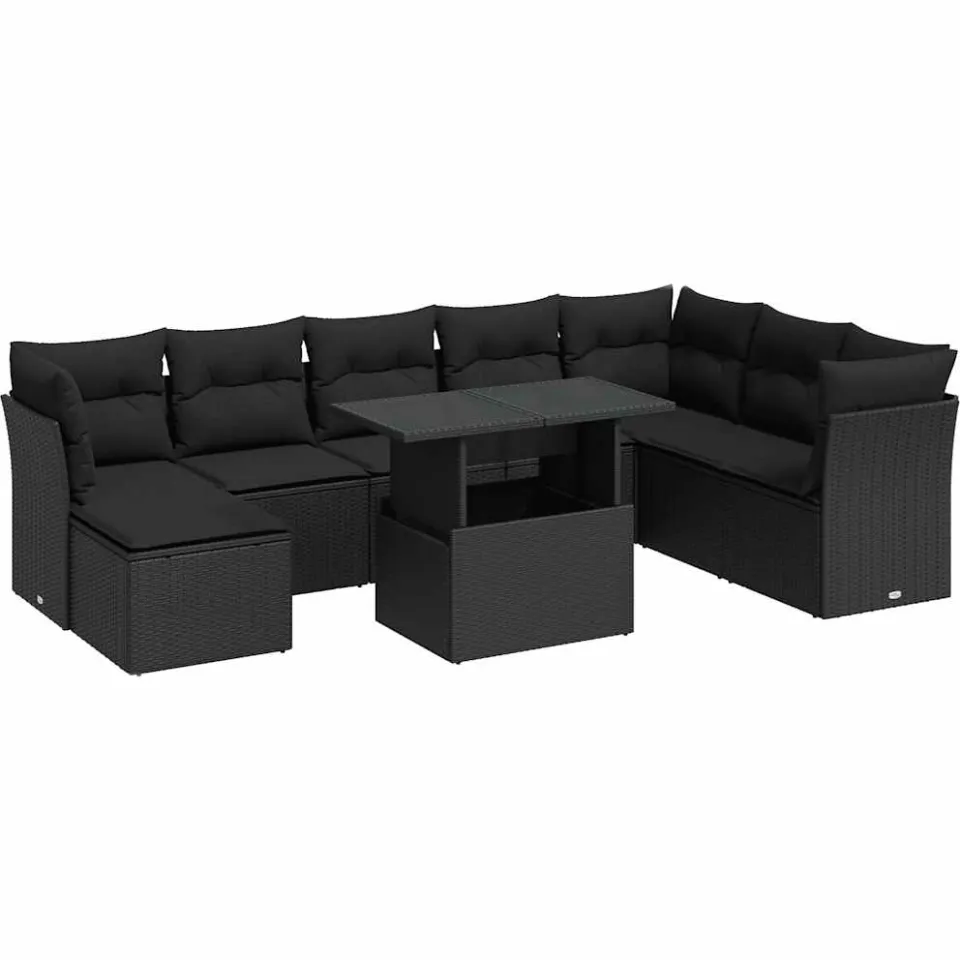 vidaXL 9-delige Loungeset met kussens poly rattan zwart, foto 3