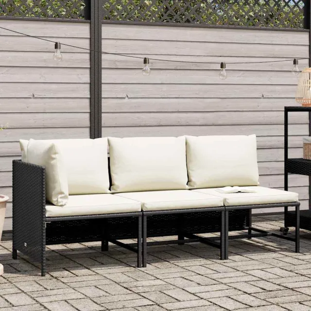 vidaXL 3-delige Loungeset met kussens poly rattan zwart