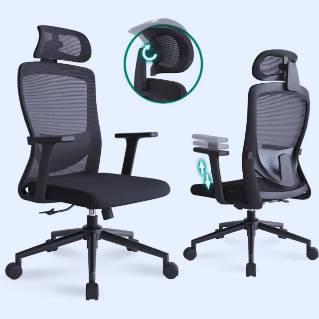 PEAM Ergonomische Bureaustoel Met Hoge Rugleuning - Verstelbare Lendensteun en 2D Hoofdsteun – Zwarte Schommelgaas Executive Stoel Met Armleuningen Black