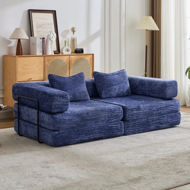 COVREO Slaapbank 200 x 100 x 63 cm donkerblauw chenille - 2-zits - modulair - geen montage nodig