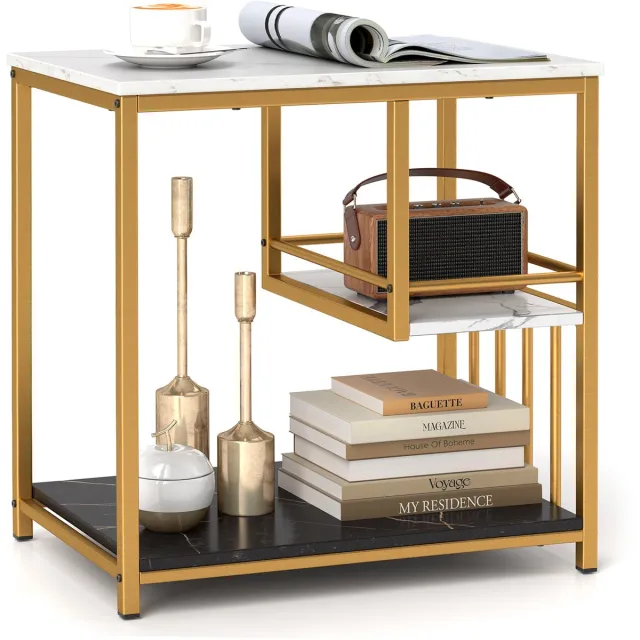 Costway Bijzettafel in marmerlook, 3-traps nachtkastje met metalen frame, salontafel, modern, woonkamertafel, banktafel, rechthoekig, voor woonkamer, slaapkamer Wit