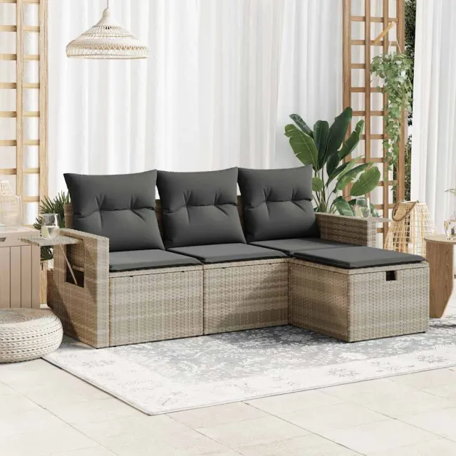 vidaXL 4-delige Loungeset met kussens poly rattan lichtgrijs grijs, foto 2