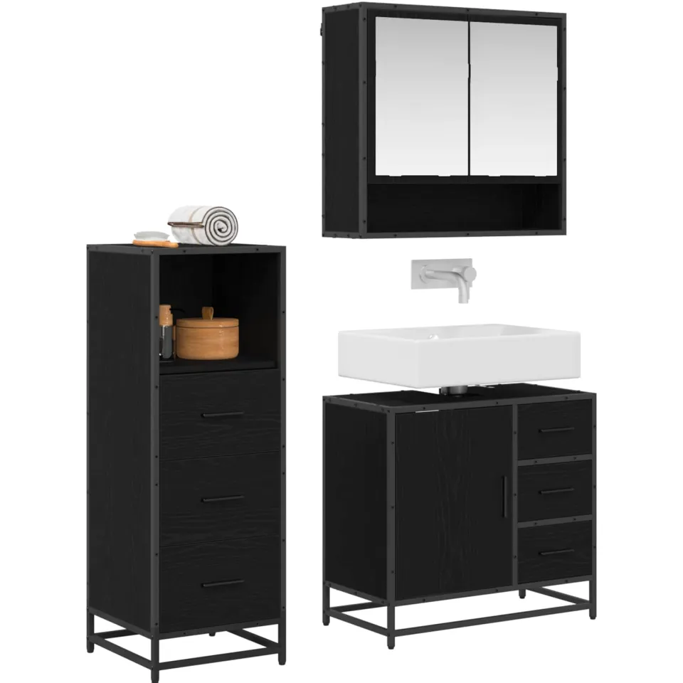 vidaXL Badkamermeubelset 3 st Zwart Eiken 65 x 33 x 60 cm Bewerkt hout