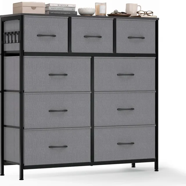 Hokeeper Ladekast met 9 Stoffen Lades – Grote Opbergkast met Houten Bovenblad – Kast met Lades – Dressoir voor Slaapkamer. Woonkamer. Hal en Entree – Opbergmeubel – 100 x 30 x 100 cm Grijs
