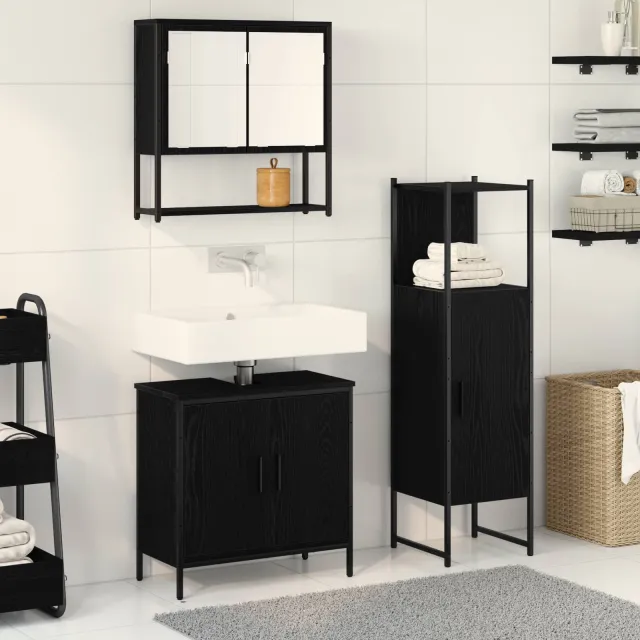 vidaXL Badkamermeubelset 3 st Zwart 33 x 33 x 113,5 cm Bewerkt hout, foto 2