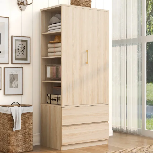 MODENUIT Kledingkast - Met Hanggedeelte, Open Vakken en Twee Lades - Slaapkamer - Houtkleur - 70x50x175 Cm