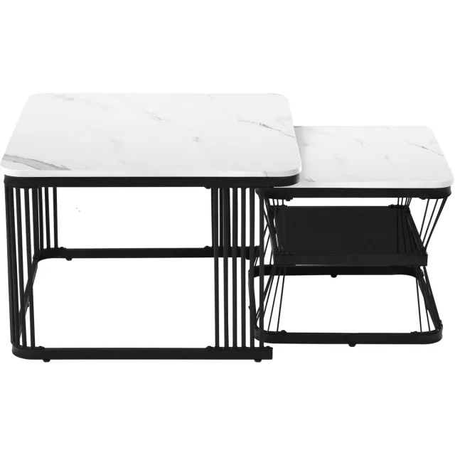 Ropilly Salontafel set van 2 - Bijzettafel set - Ruimtebesparend - Stabiel stalen frame - MDF marmerlook - Woonkamer - 65x65x45 cm en 45x45x39,5 cm - Wit zwart