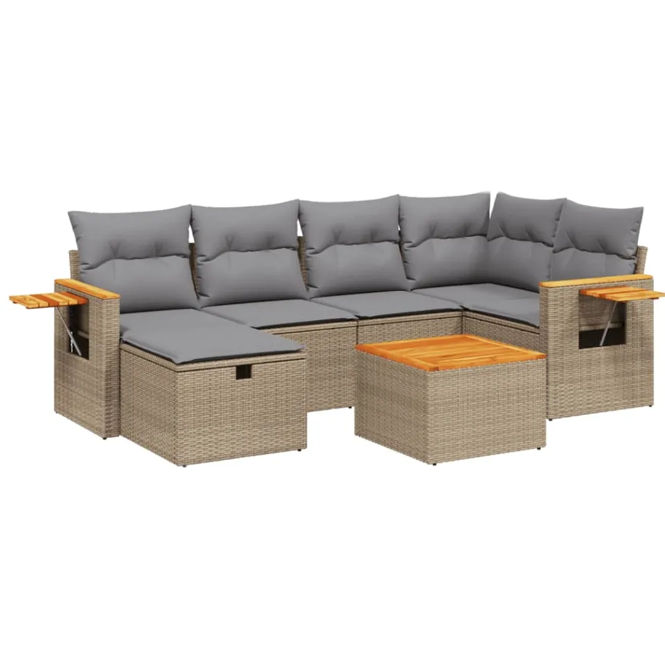 vidaXL 7-delige Loungeset met kussens poly rattan gemengd beige, foto 3