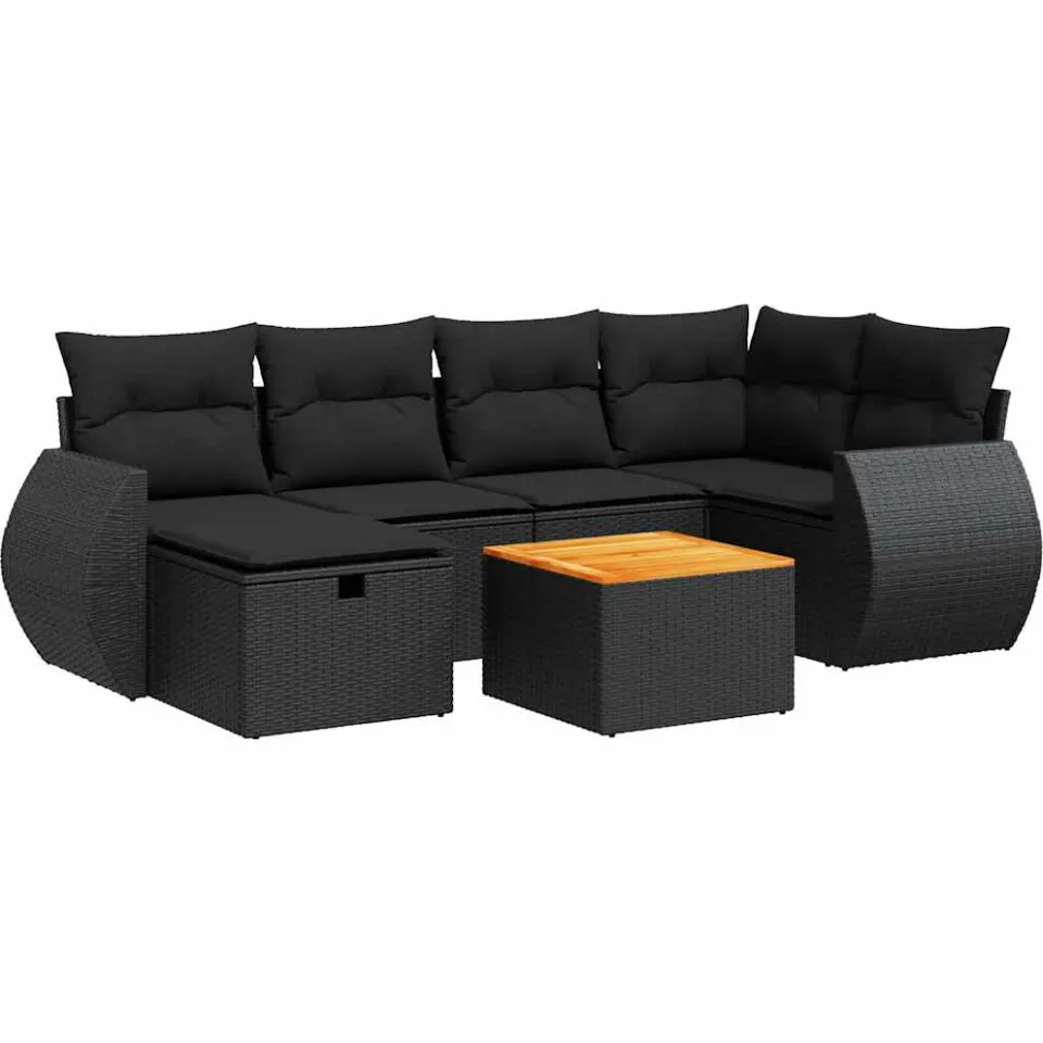 vidaXL 7-delige Loungeset met kussens poly rattan zwart, foto 3