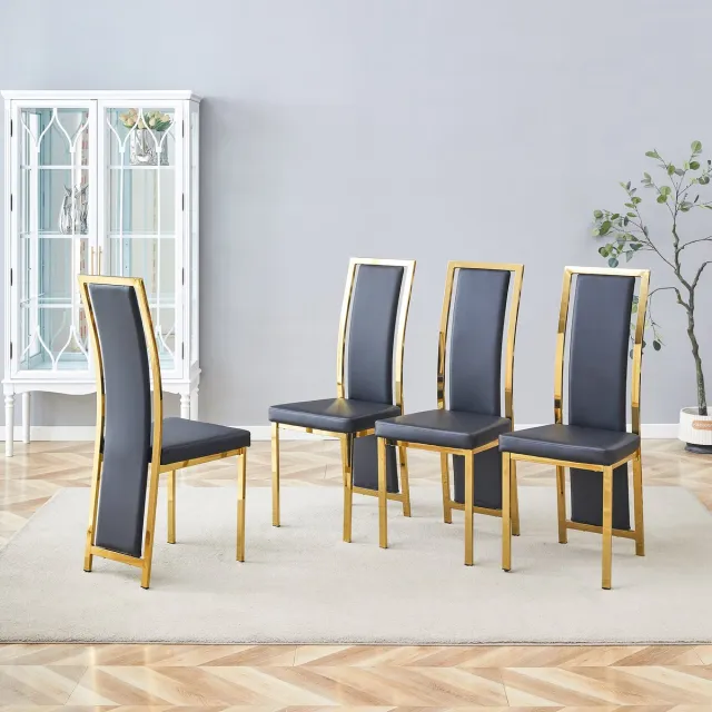HAUSS SPOLE Eetkamerstoel – Luxe Design – Set Van 4 – Hoge Rugleuning Met 6 Cm Zitkussen – Voor Eetkamer En Kantoor – Metaal En PU Leer – Zwart Goud Zwart+Goud