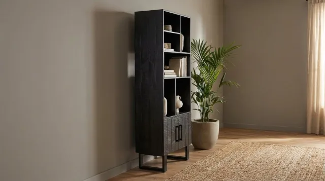 House&Garde Boekenkast Modern Santos Industrial 74x40x190 cm – Mangohout Zwart Hout met Zwart Metalen Frame – Design Opbergkast met 2 Deuren – House&Garden Zwart / naturel mangohout