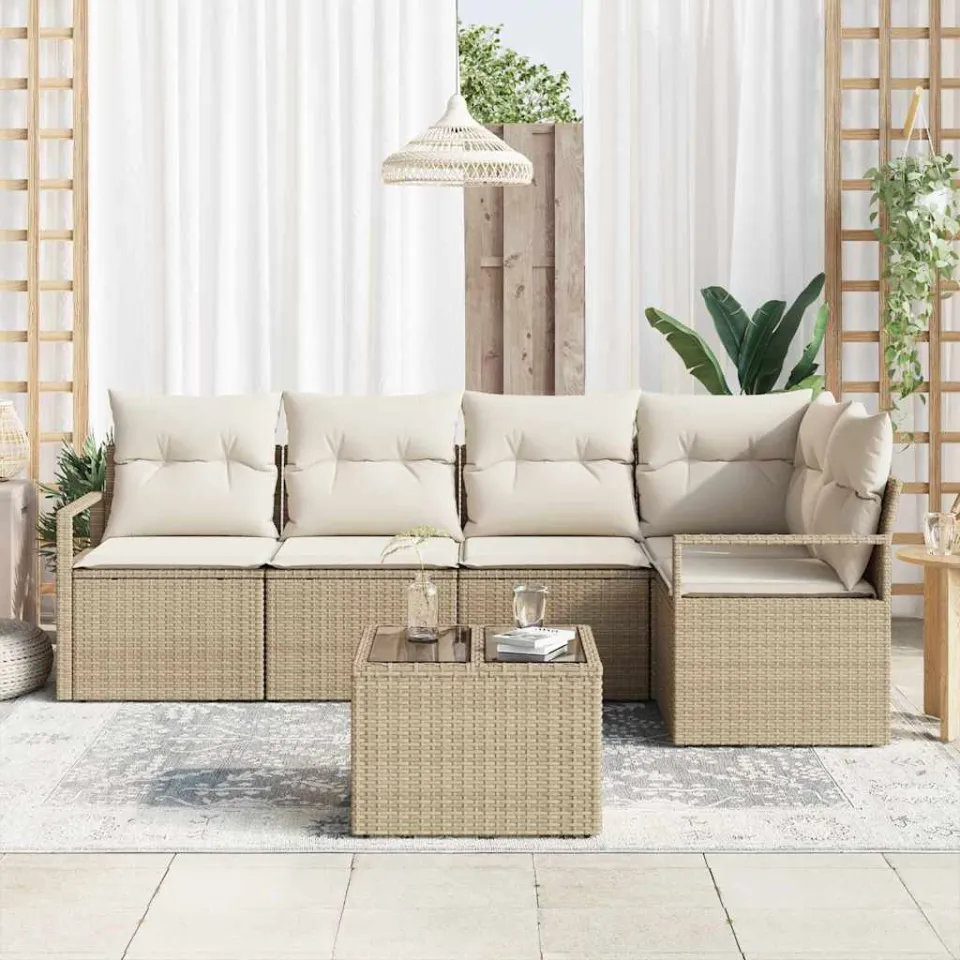 vidaXL Tuinbankenset 6 st Beige en Crème poly rattan, foto 2