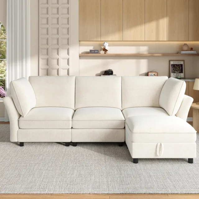 HAUSS SPOLE Hoekbank - Modulair L-Vormig Sofa - Met Opberghocker En Armleunkussens - 4-Zits - Voor Woonkamer En Slaapkamer - Chenille Beige