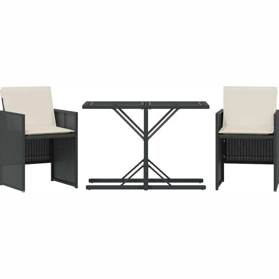 vidaXL 3-delige Bistroset met kussens poly rattan zwart